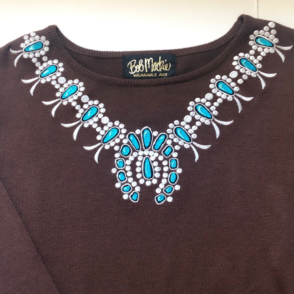 Vintage Bob Mackie Wearable Art Sweater with Necklace Embroidery - Medium - EC